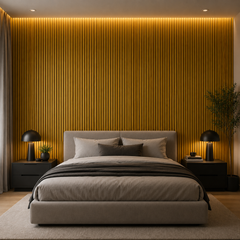 Shiny Golden Acoustic Slatted Wall Panel In Bedroom
