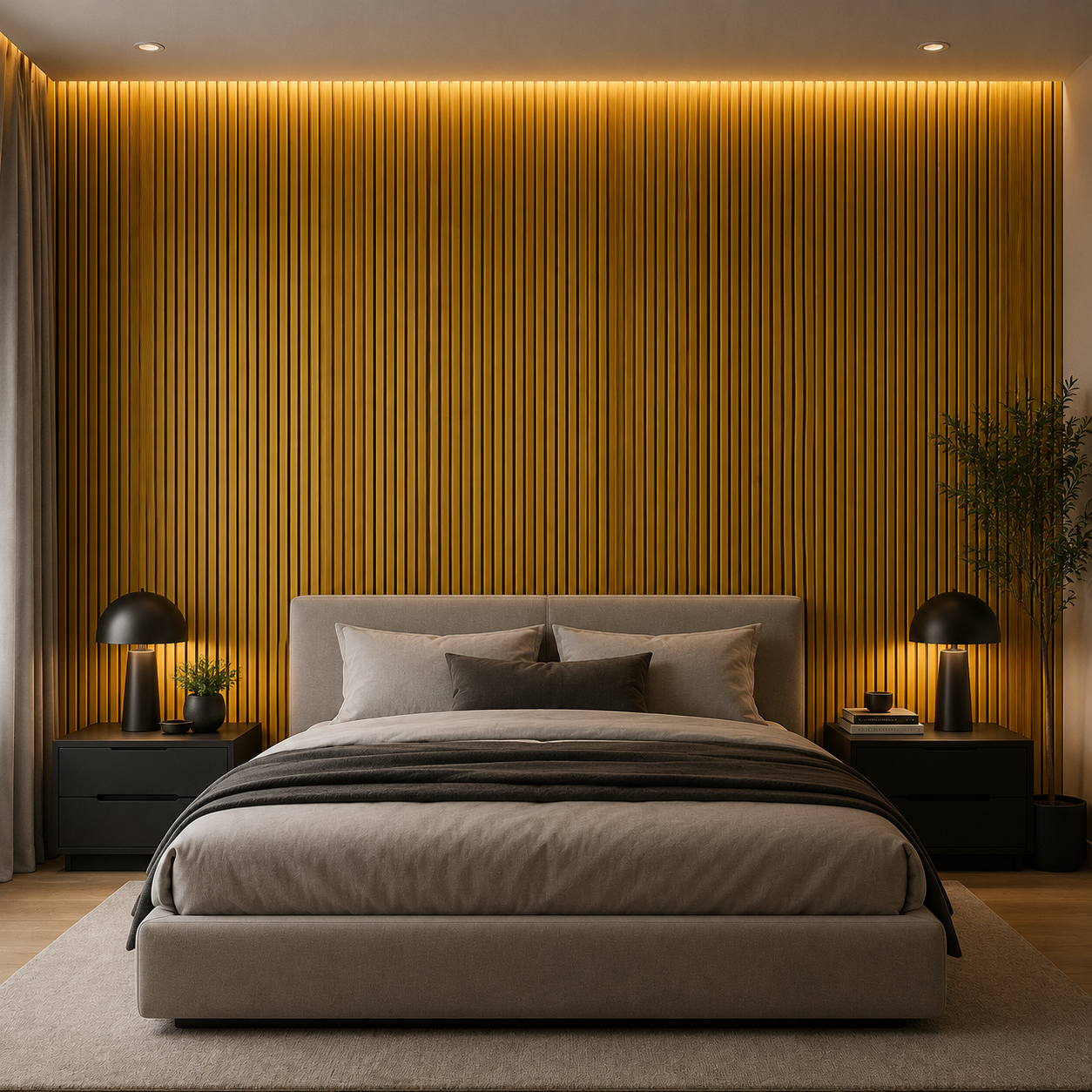 Shiny Golden Acoustic Slatted Wall Panel In Bedroom