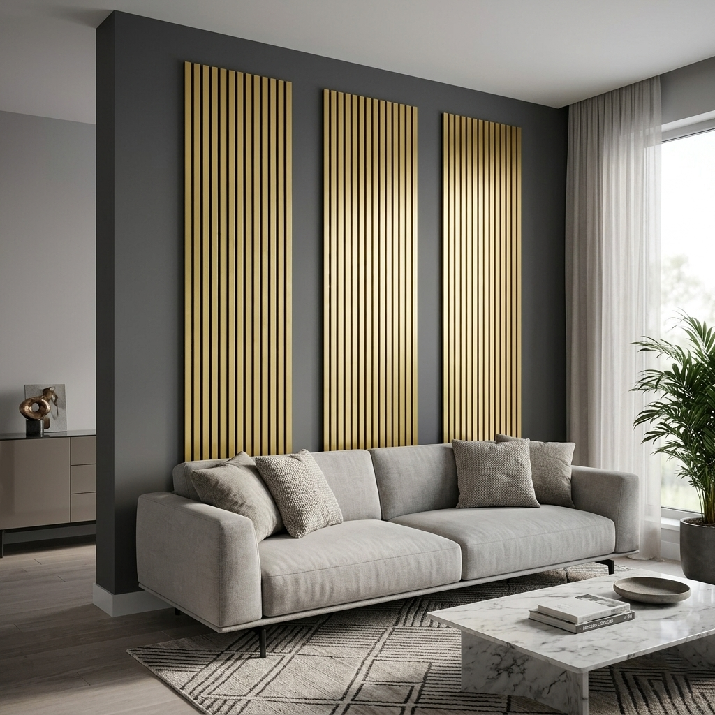 Shiny Golden Acoustic Slatted Wall Panel In Living Room