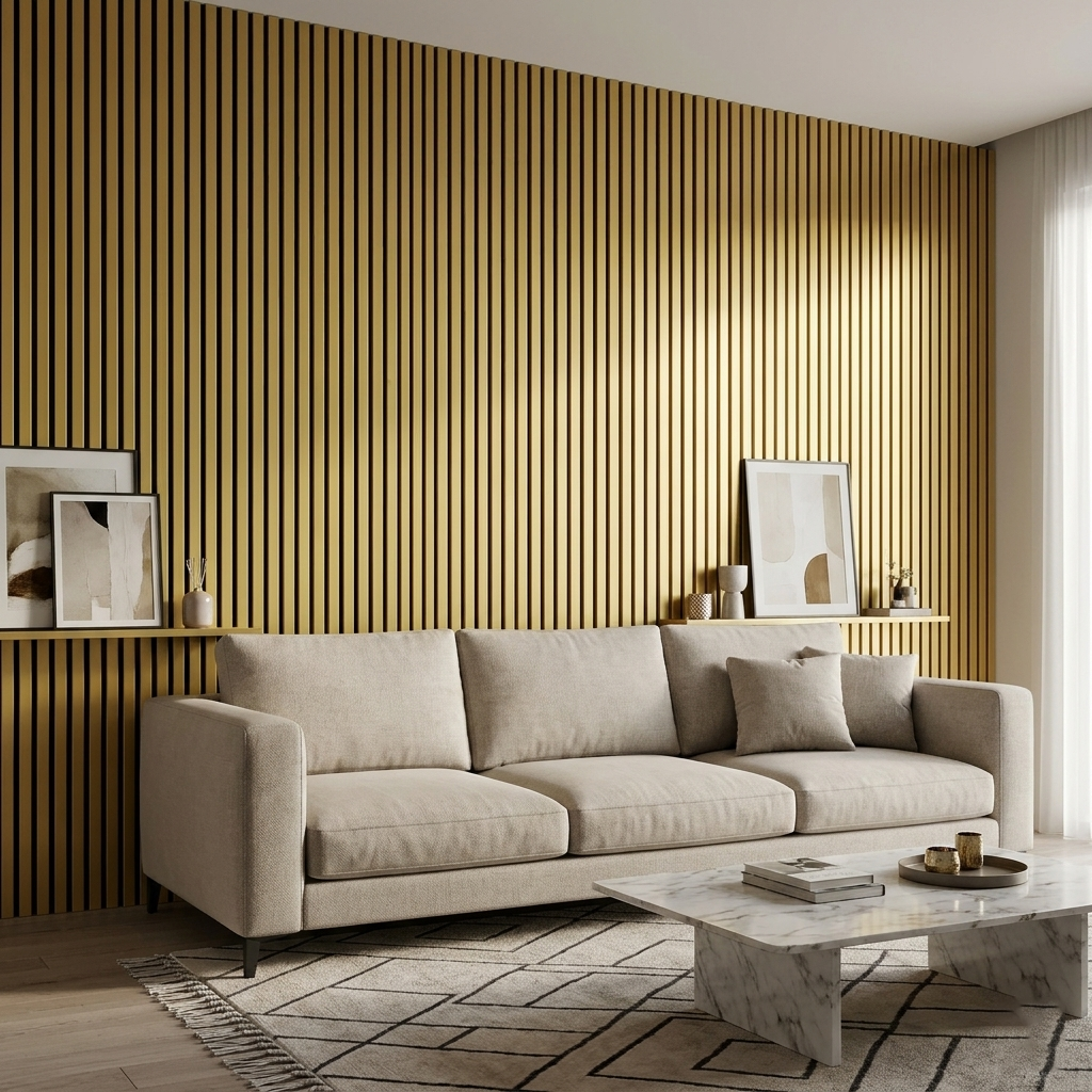 Shiny Golden Acoustic Slatted Wall Panel In Living Room