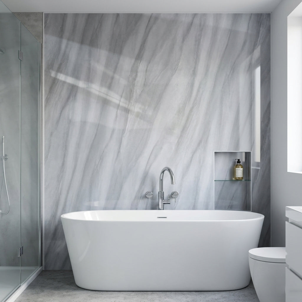 Grey Ocean Marble Gloss PVC Kitchen Shower Wall Panel 2400mm x 1000mm x 10mm
