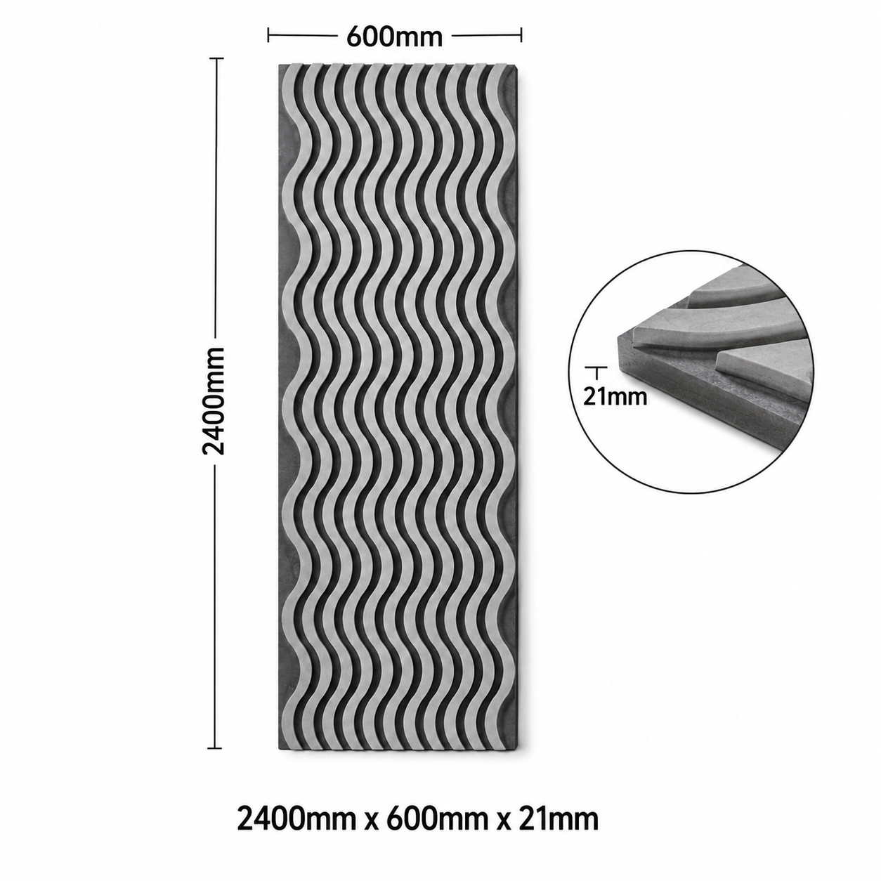 Light Grey Wavy Design Acoustic Wall Panel 2400mm x 600mm x 21mm