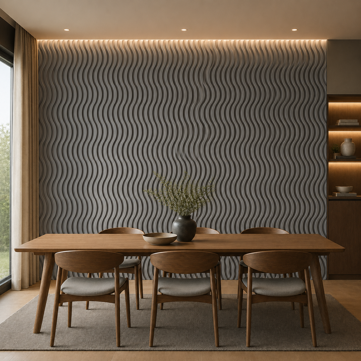 Light Grey Wavy Design Acoustic Wall Panel In Dining Room