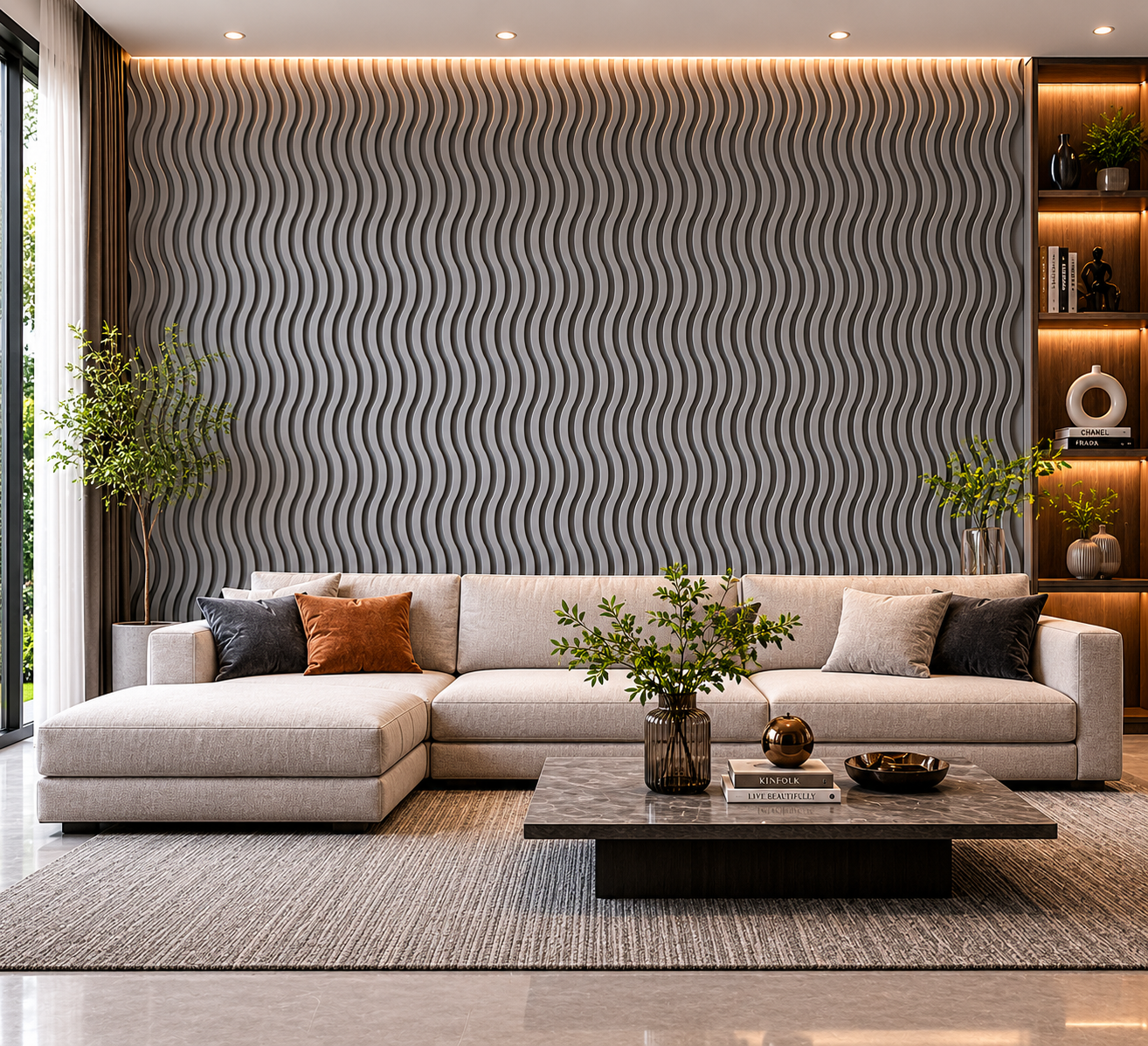 Light Grey Wavy Design Acoustic Wall Panel In Living Room