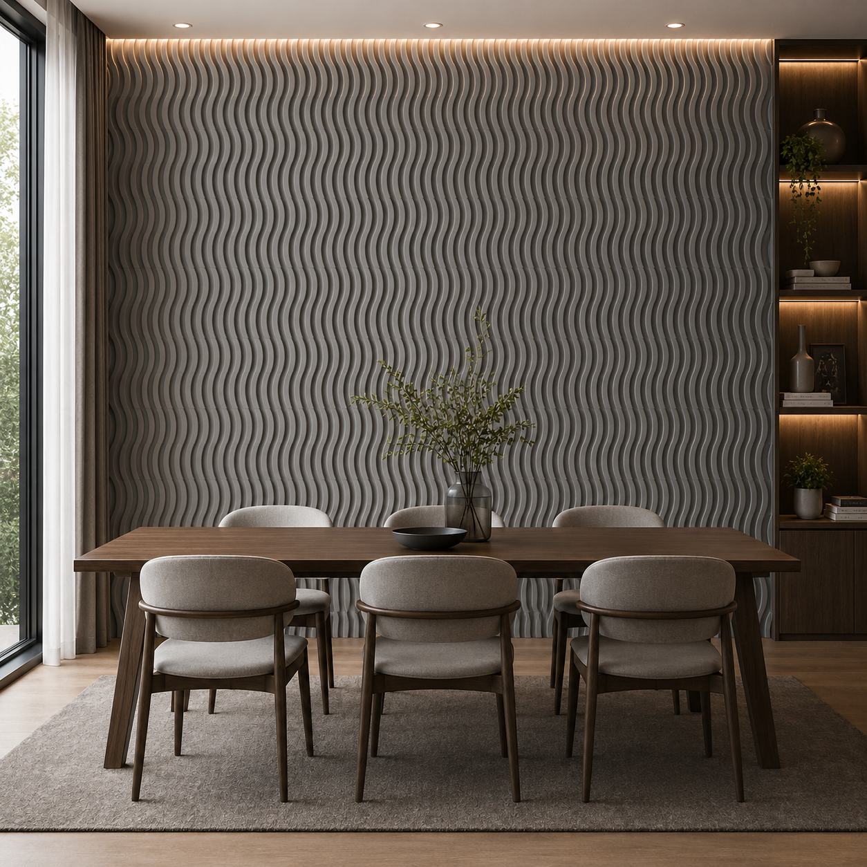Light Grey Wavy Design Acoustic Wall Panel In Dining Area