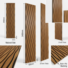 Natural Oak Wavy Design Acoustic Wall Panel - Sound Absorbing Slat Wall (2400mm x 600mm x 21mm)