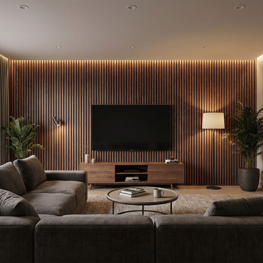 Natural Oak Acoustic Wall Panel in Living Room