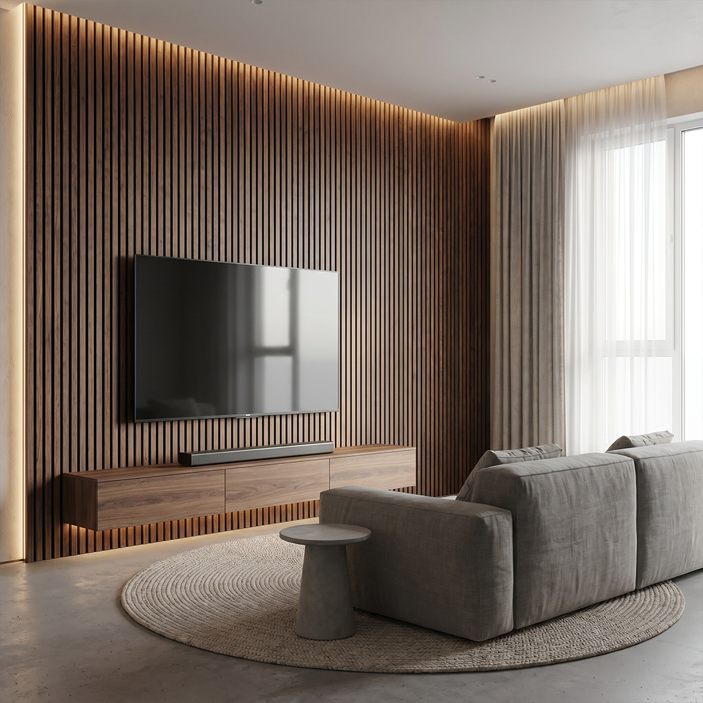 Natural Oak Acoustic Wall Panel in Media Room