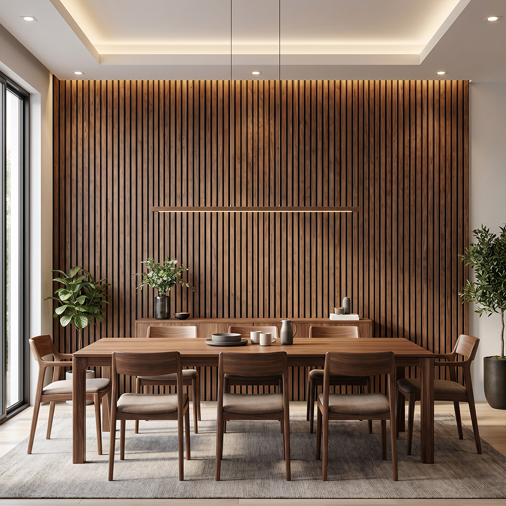 Natural Oak Acoustic Wall Panel in Dining Room