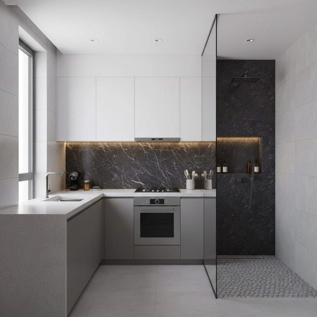 Water Wave Black Kitchen Shower Wall Panel